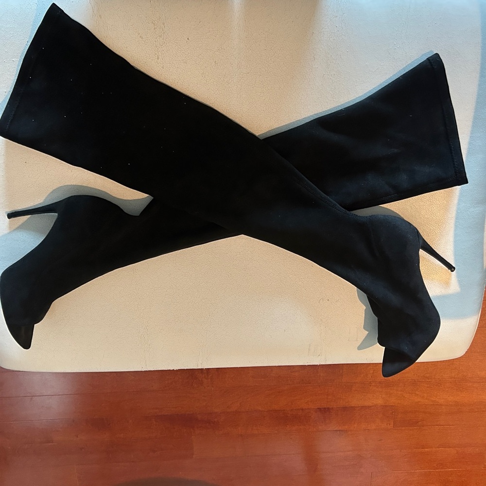 Black Suede Knee Length Boot- Open Toe. - image 3